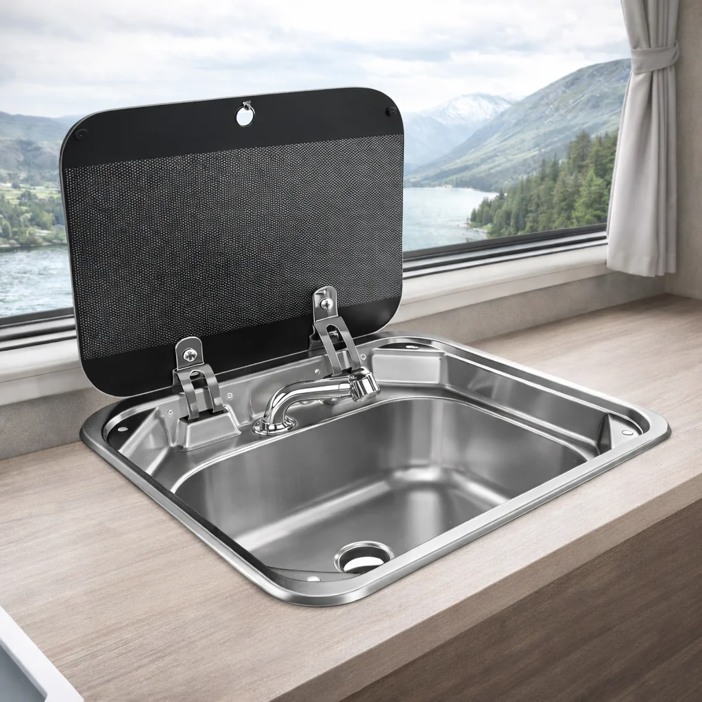 Compact RV Stainless Steel Sink with Folding Glass Lid 420mm Camper Caravan Boat Kitchen Sink