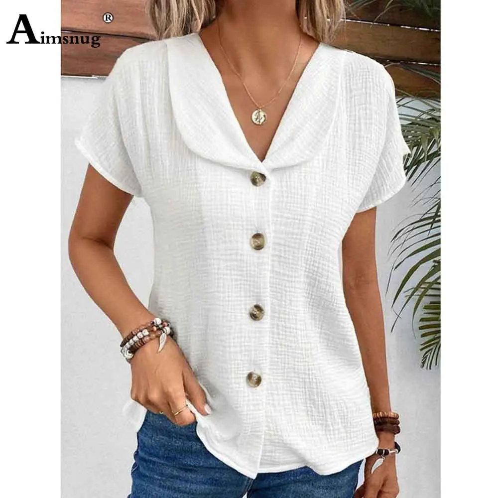 

European Style 2025 Women Short Sleeve Basic Shirts New Casual Beach Tops Blouse Ladies Peter pan Collar shirt blusas femmes