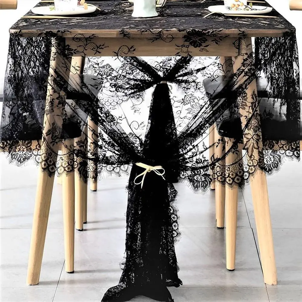 Embroidered French Lace Table Runner Flower Pattern Elegant Rectangular Tablecloth Easy To Clean Pure White/Black