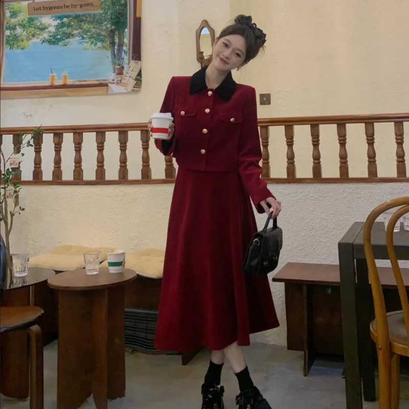 Women Sets Elegant Chic Temperament Turn-down Collar Jacket Midi Skirt Two-piece Gentle Stylish Classy Popular Female Clothing