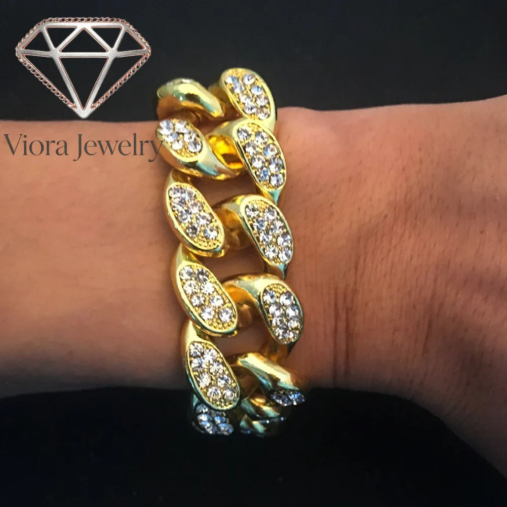 

Viora Jewelry Luxury 24K 9999 Pure Gold real gold 20mm Full Diamond Men's Miami Cuban Chain Necklace bracelet