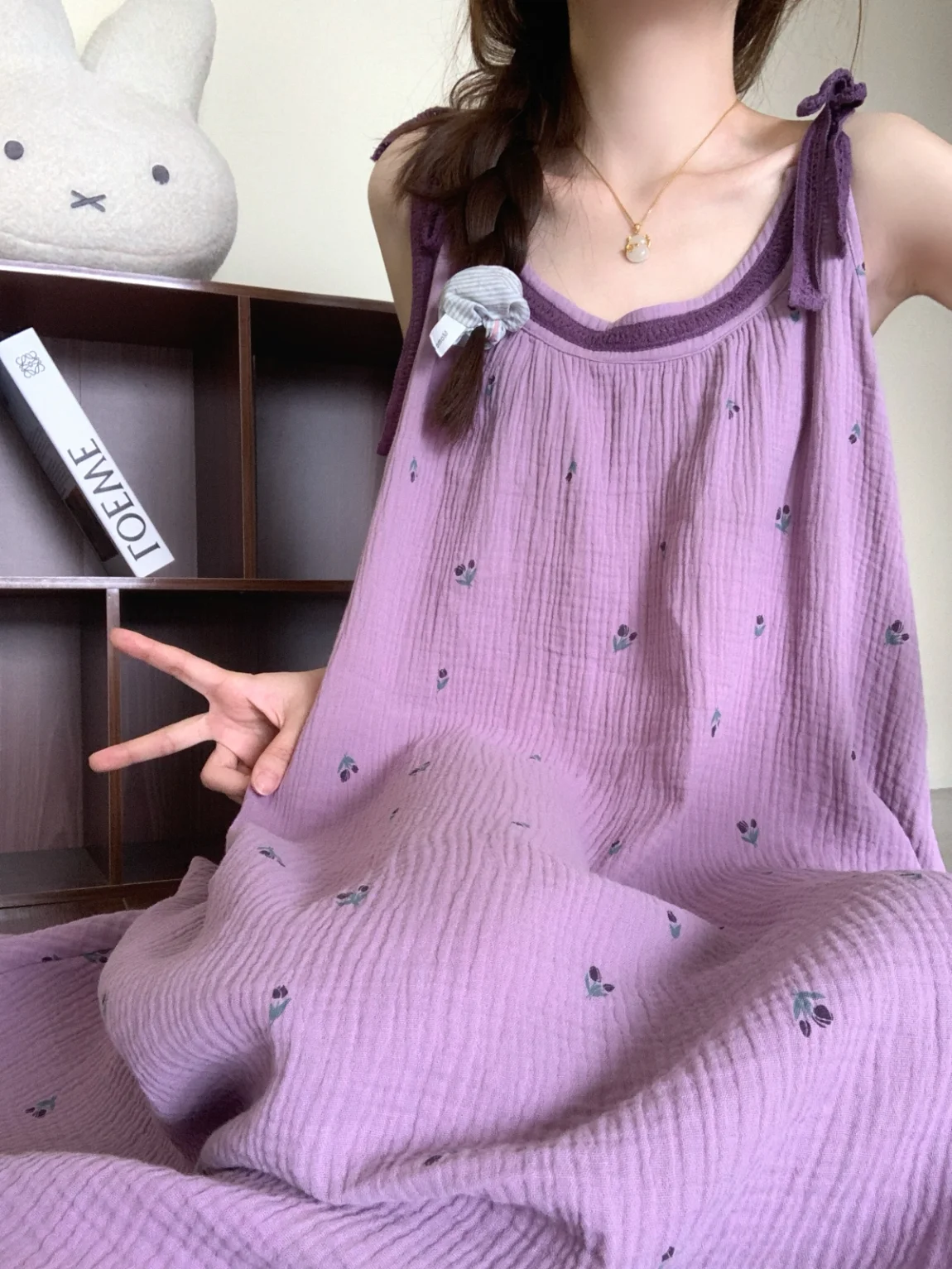 夏用長袖コットンナイトガウン-レディース-アウターウェアドレス-二重層構造-快適な寝間着-カジュアルホームウェア-可愛いスタイル