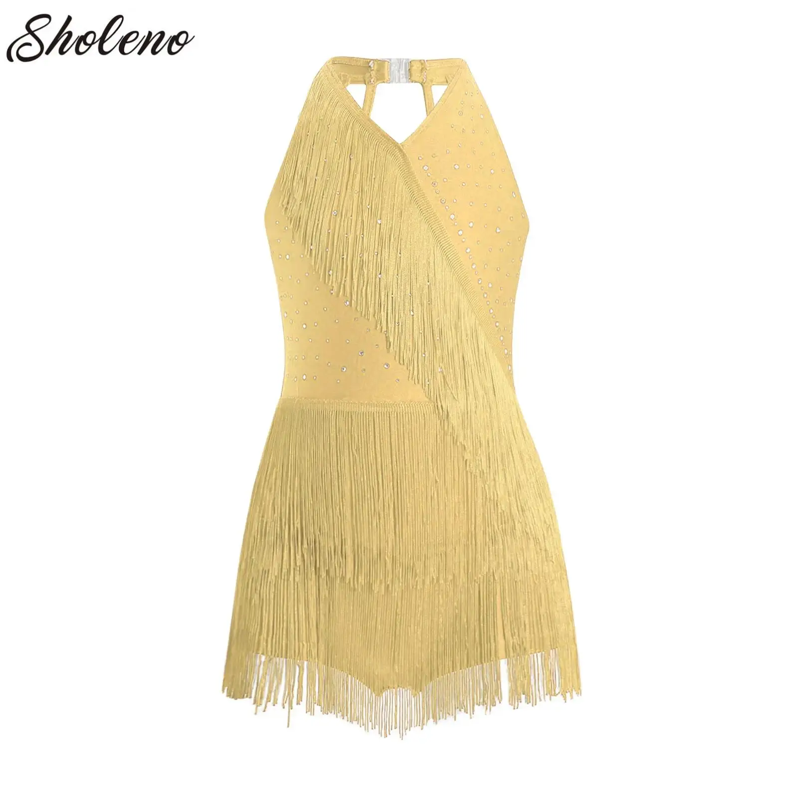 

Kids Girls Rhinestones Tassel Dance Dress Sleeveless Strappy Back Boyshorts One-Piece Dancewear for Latin Jazz Competition