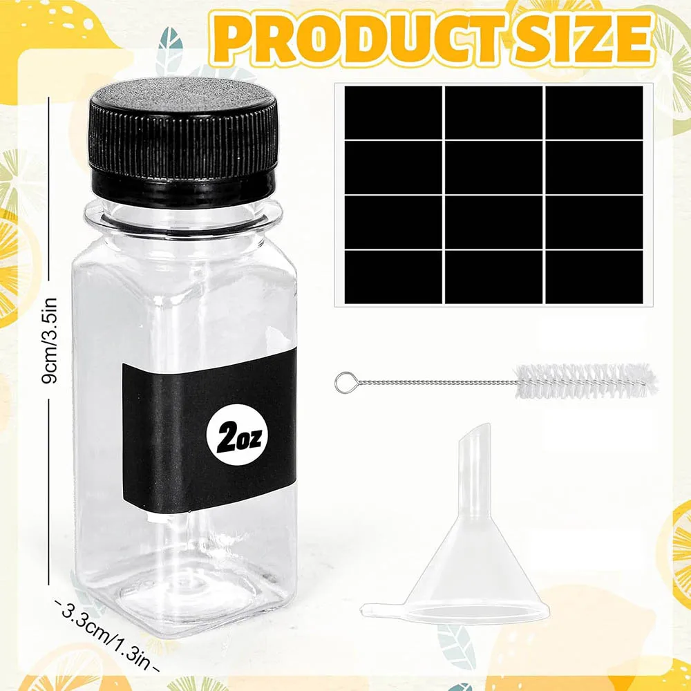2oz Empty Plastic Mini Juice Bottles,Reusable Clear Shot Bottle Containers Funnels for Ginger Water Milk Drink Beverages
