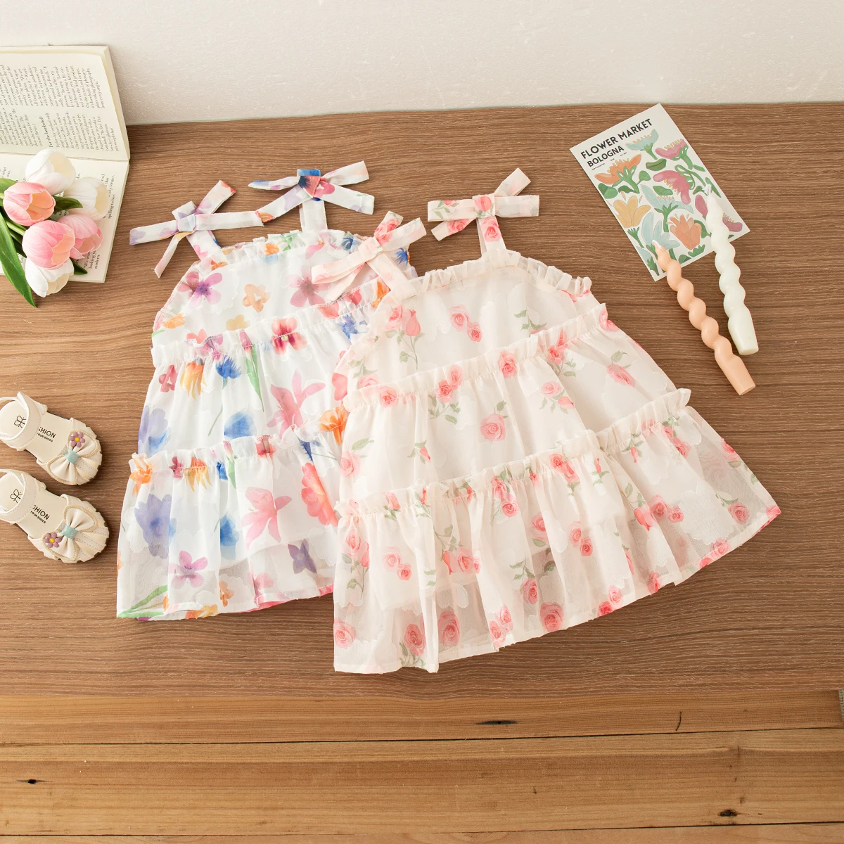 Baby Girl Dress Summer Bow And Flower Pattern Halter Puffy Baby Girl Princess Dresses Cute Casual Beach Girl Clothing