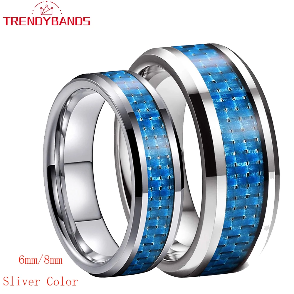 6mm 8mm Dropshipping Tungsten Carbide Ring Wedding Band for Men Women Blue Carbon Fiber Inlay Beveled Edges Comfort Fit