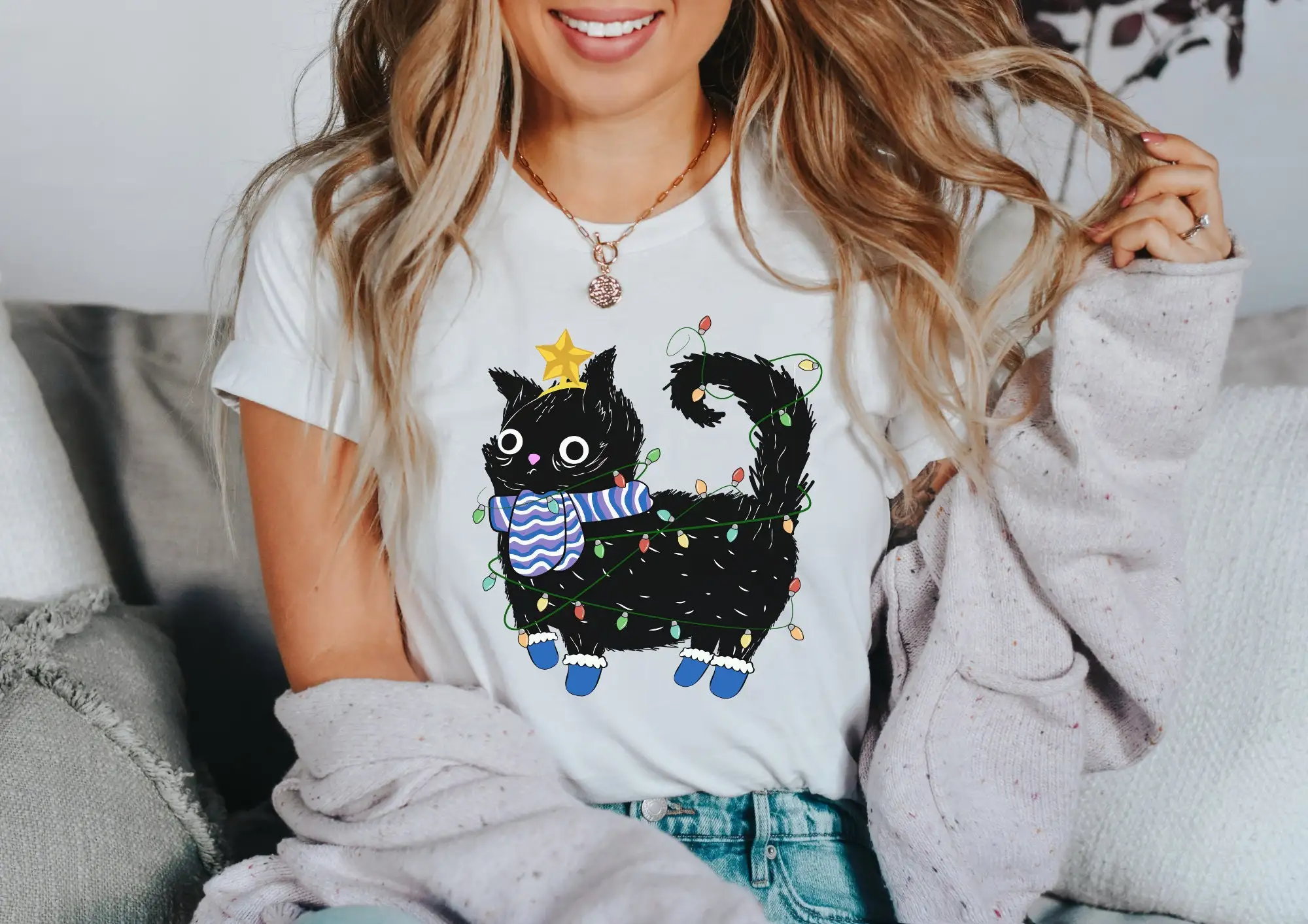 

T Shirt Christmas Cat Tree Cool Cards Motif Cottagecore Style Winter