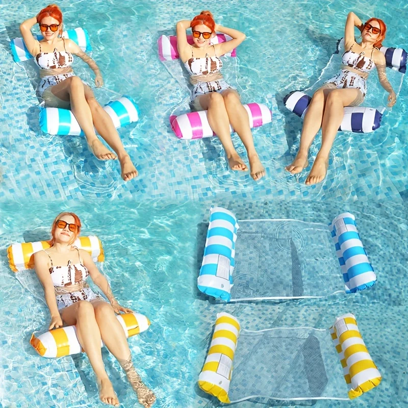1Pc Inflatable Water Hammock With Mesh, Foldable Striped Pattern Floating Bed, Water Recliner, For Pool Party, Beach Fun