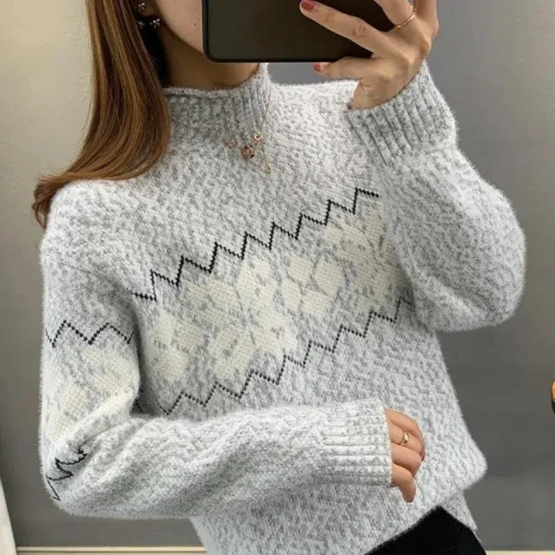 High Collar Knit Sweater with Floral Print, Long Sleeve, Korean Style, Harajuku Fashion, Autumn and Winter Pullover