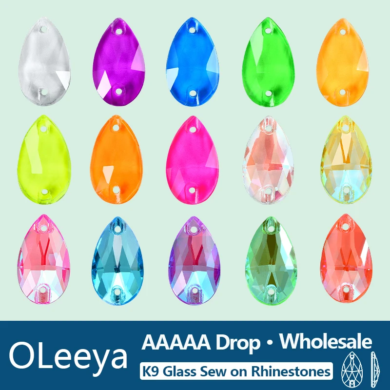 OLeeya Teardrop Neon K9 Glass Rhinestones Edges with Chamfers Crystal Sew On Stones Strass стразы For Clothes Decorations
