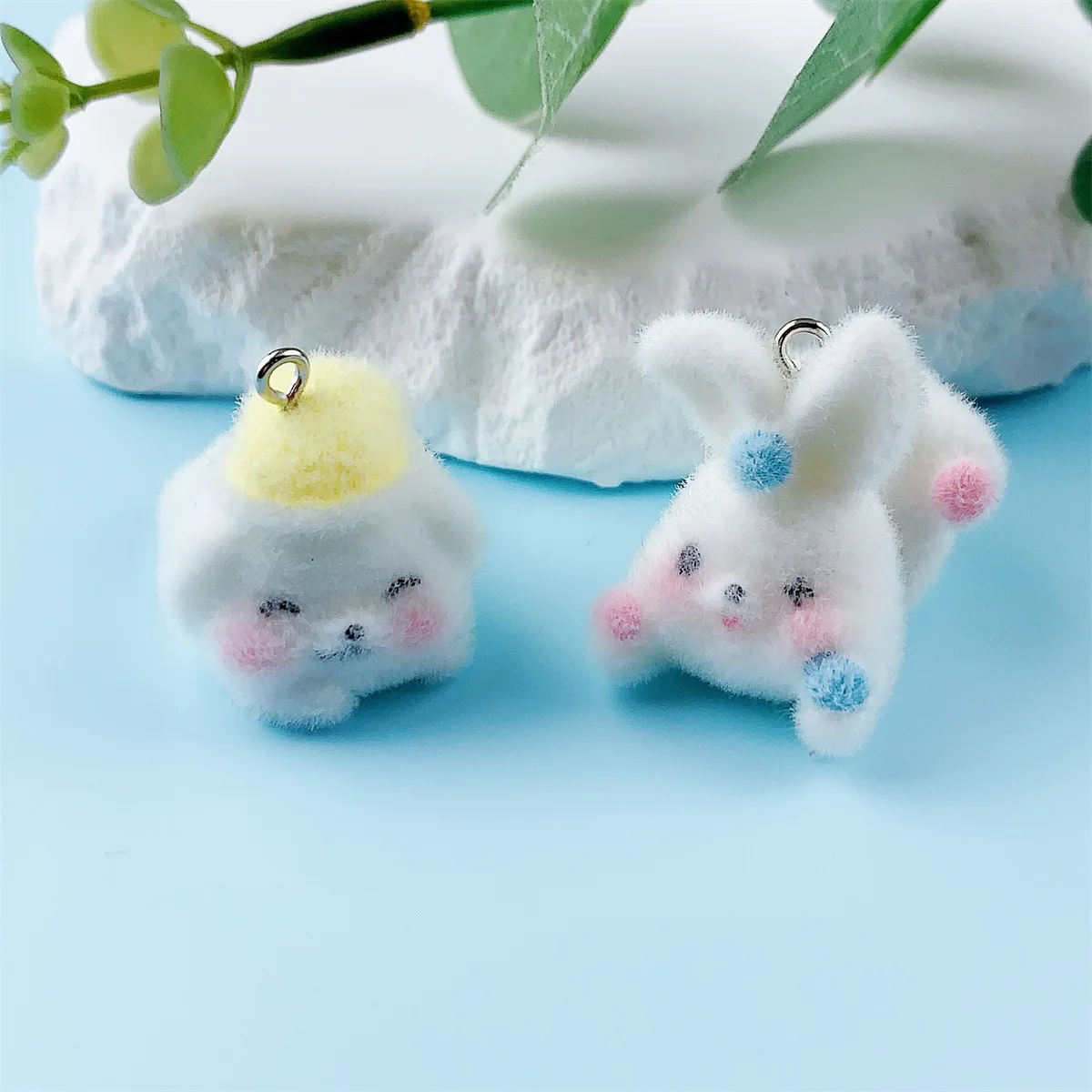 20Pcs 3D Cute Mini Cartoon Flocking Rabbit Resin Charms Plush Animal Pendant For Phone Keychain Earring DIY Crafts Jewelry Make