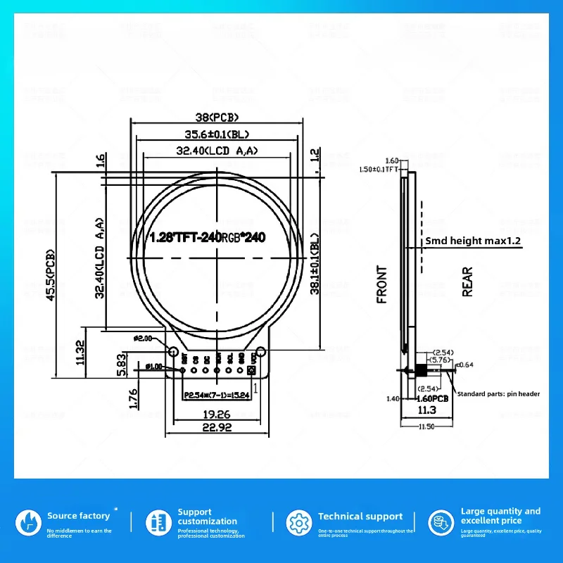 Jin Yichen 1,28 inch TFT LCD-scherm GC9A01 Klein scherm 240x240 Monitor LCD rond scherm SPI-kleurenscherm