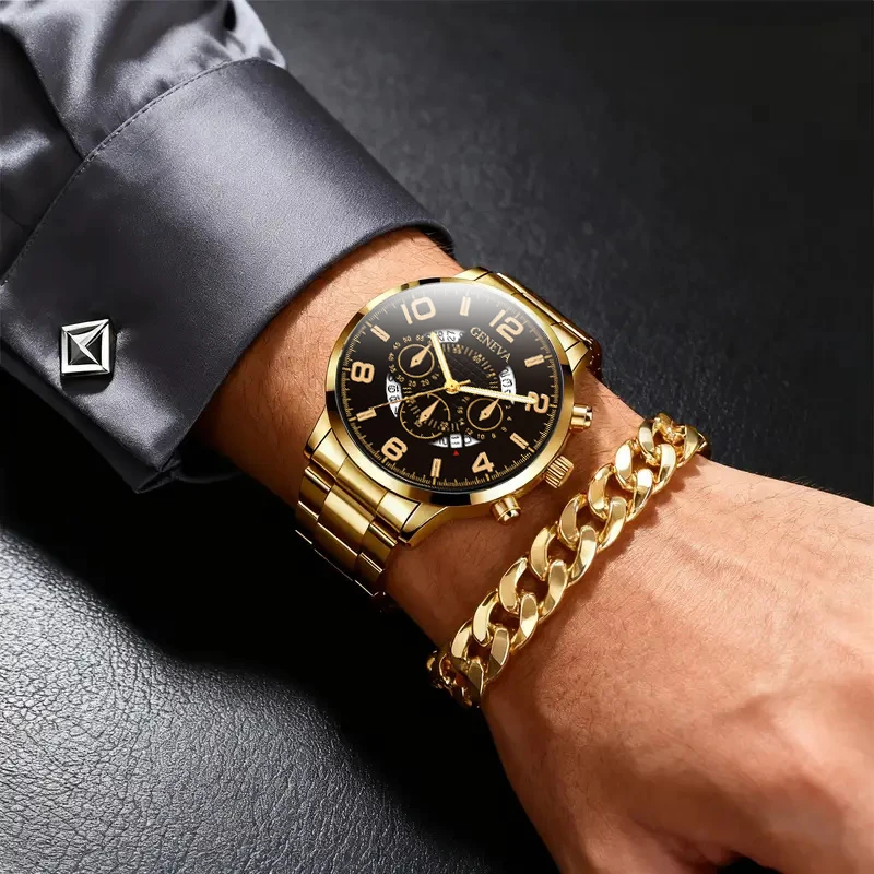 

Мужские кварцевые часы и набор металлических браслетов с функцией календаря, подходящие для повседневного повседневного ношения, подарок на день рождения