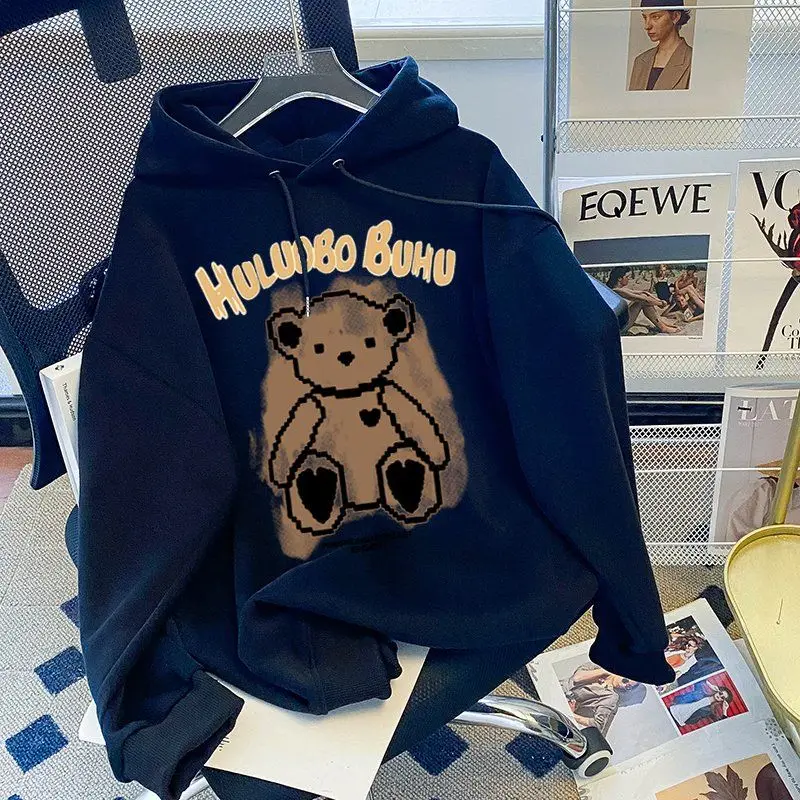 

Retro Teddy Bear Hoodie for Women in Spring and Autumn Loose Oversized Hooded Top Trendy Outerwear