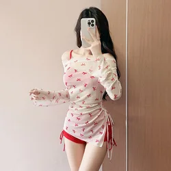 sexy Korean fashion conservative bow bikinis sets three pieces drawstring shorts with perspective mesh cover smock swimsuit