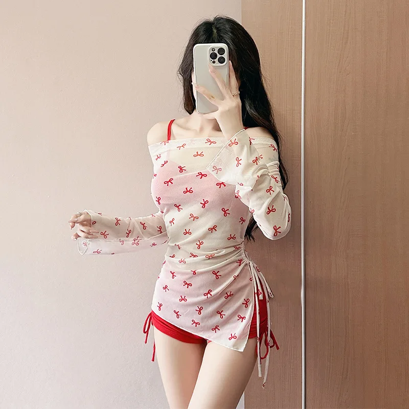 Sexy Korean Fashion Conservative Bow Bikinis Sets Three Pieces Drawstring Shorts with Perspective Mesh Cover Smock Swimsuit