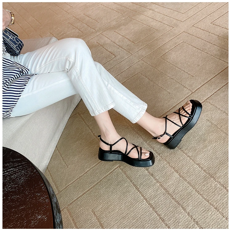 Open Toe Sandal for Women Wedge Buckle Strap Cross Muffins Shoe Suit Female Beige 2022 Summer Women is Shoes Non-slip New