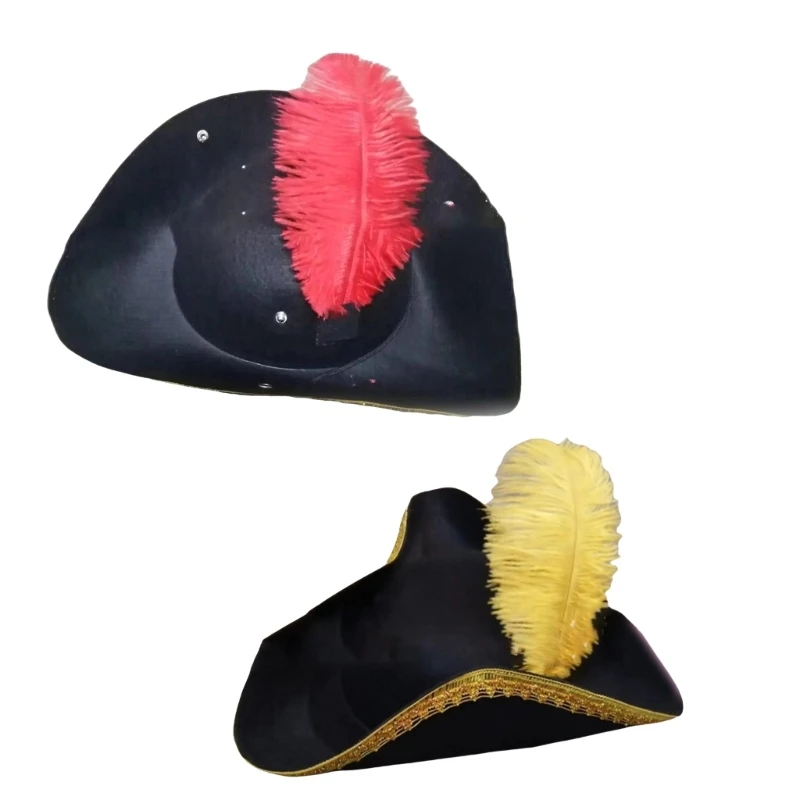 652F Adult Teen Colonial Tricorn Hat with Feather Decors Carnivals Women Pirate Hats Halloween Party Dress up Photography Hat