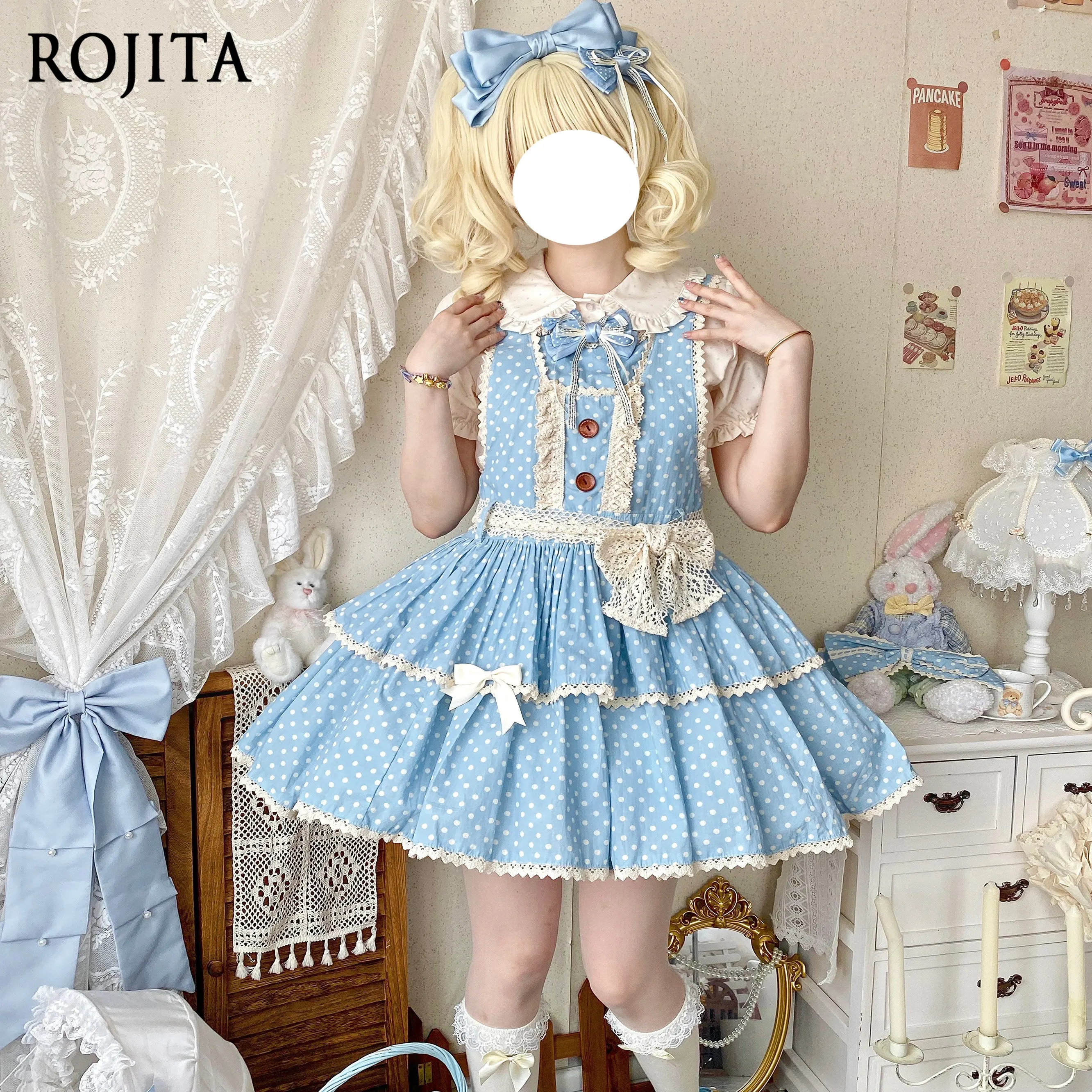 

Blue White Polka Dot Lolita JSK Dress 2026 New Ruffle Tiered Sweet Kawaii Dress Doll Polka Dot Strap Lolita Jsk