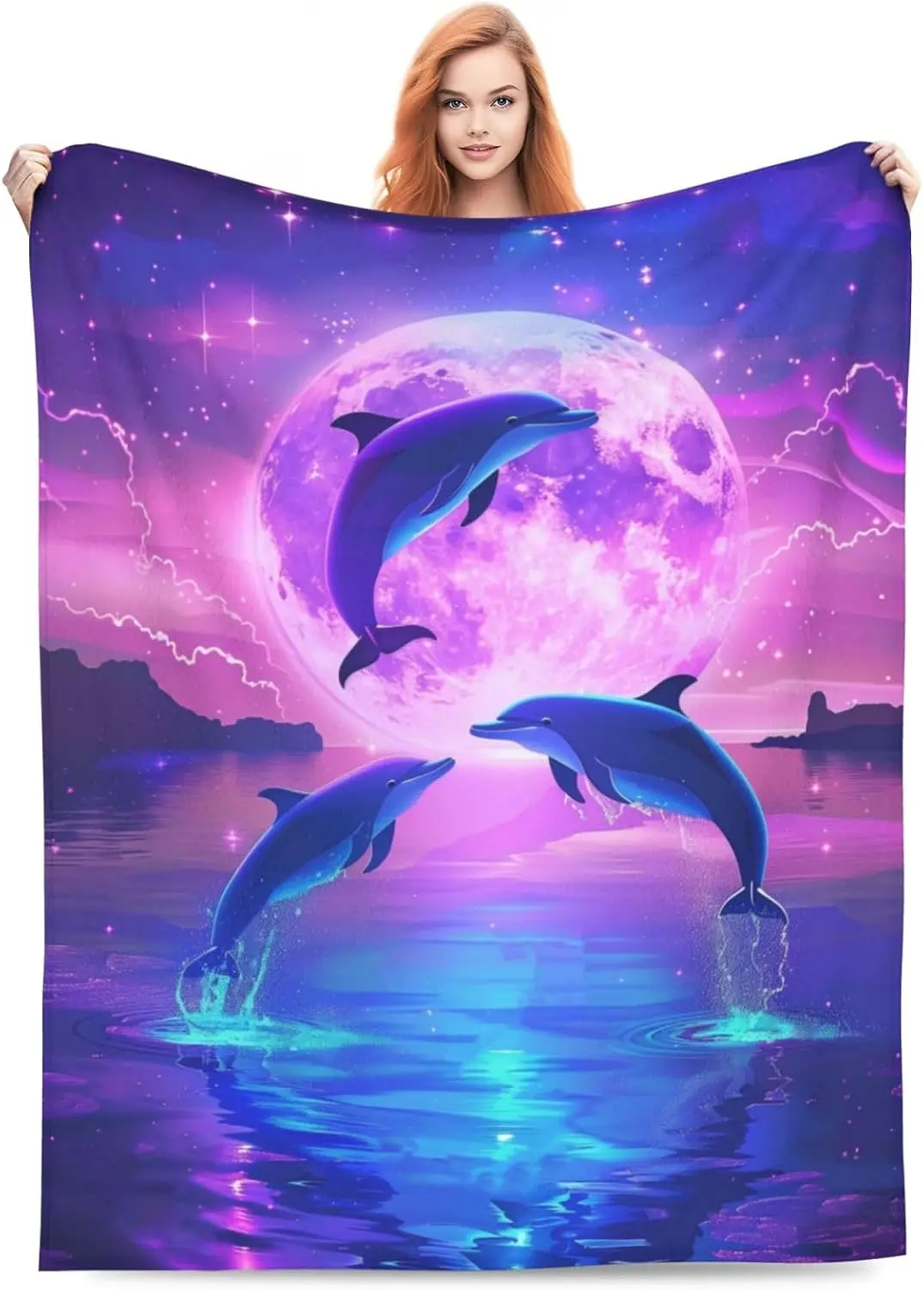 Purple Cosmic Star Base Three Jumping Dolphin Moon Sea Reflection Full Print Fluffy Throw Blanket,Warm Soft Couch Ocean Cute
