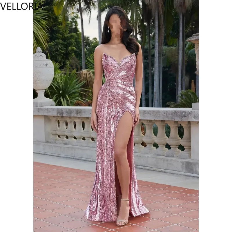 

2025 Pink Sequin Mermaid Evening Dress Strapless High Slit Elegant Ball Gown Prom Party Dress Vestdos De Fiesta Customized