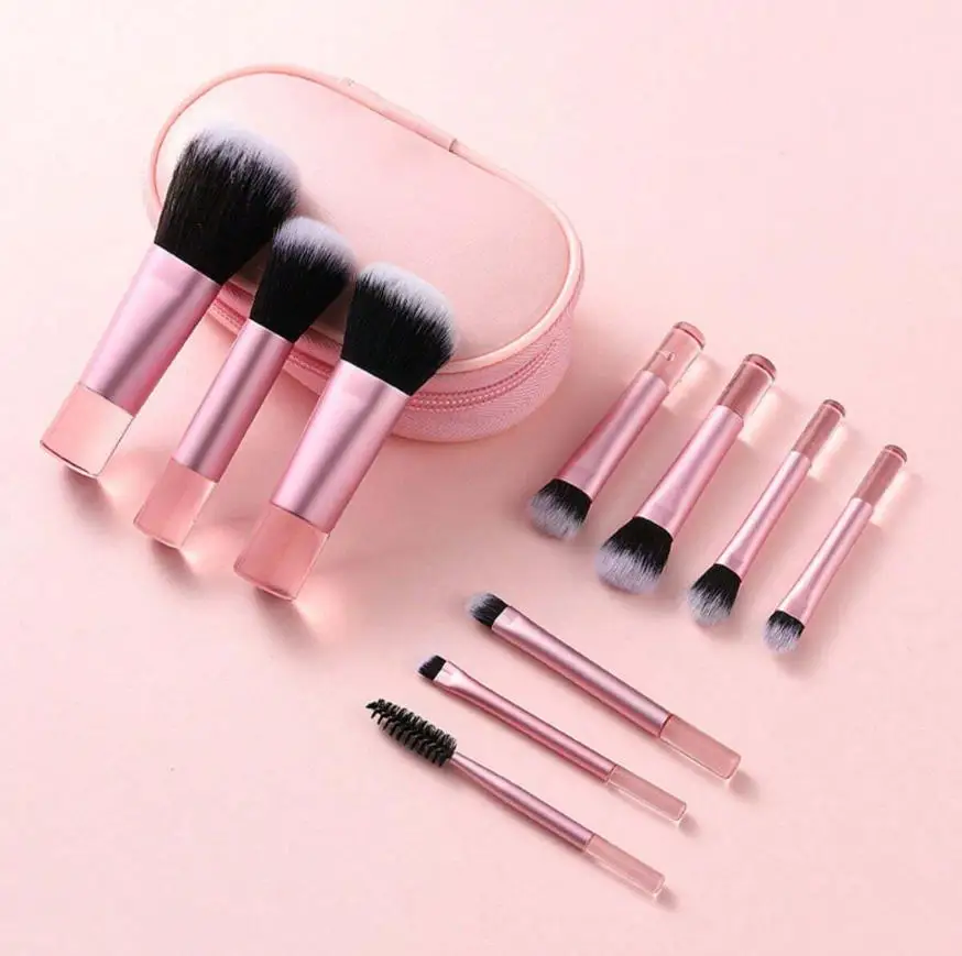 10pcs Pink Mini Makeup Brushes Set With Crystal Handle, Short Handle Portable Travel Makeup Brushes Kit - Powder Brush, Contour