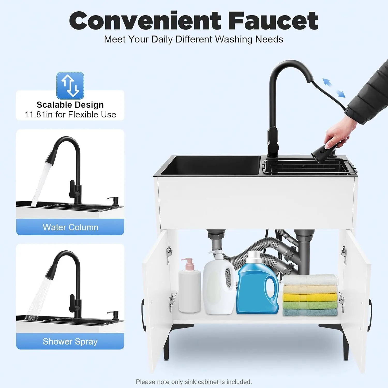 30in Laundry Sink with Cabinet and Pull-Out Sprayer Faucet,Stainless Steel Utility Sink with Double Bowl, Soap Dispenser