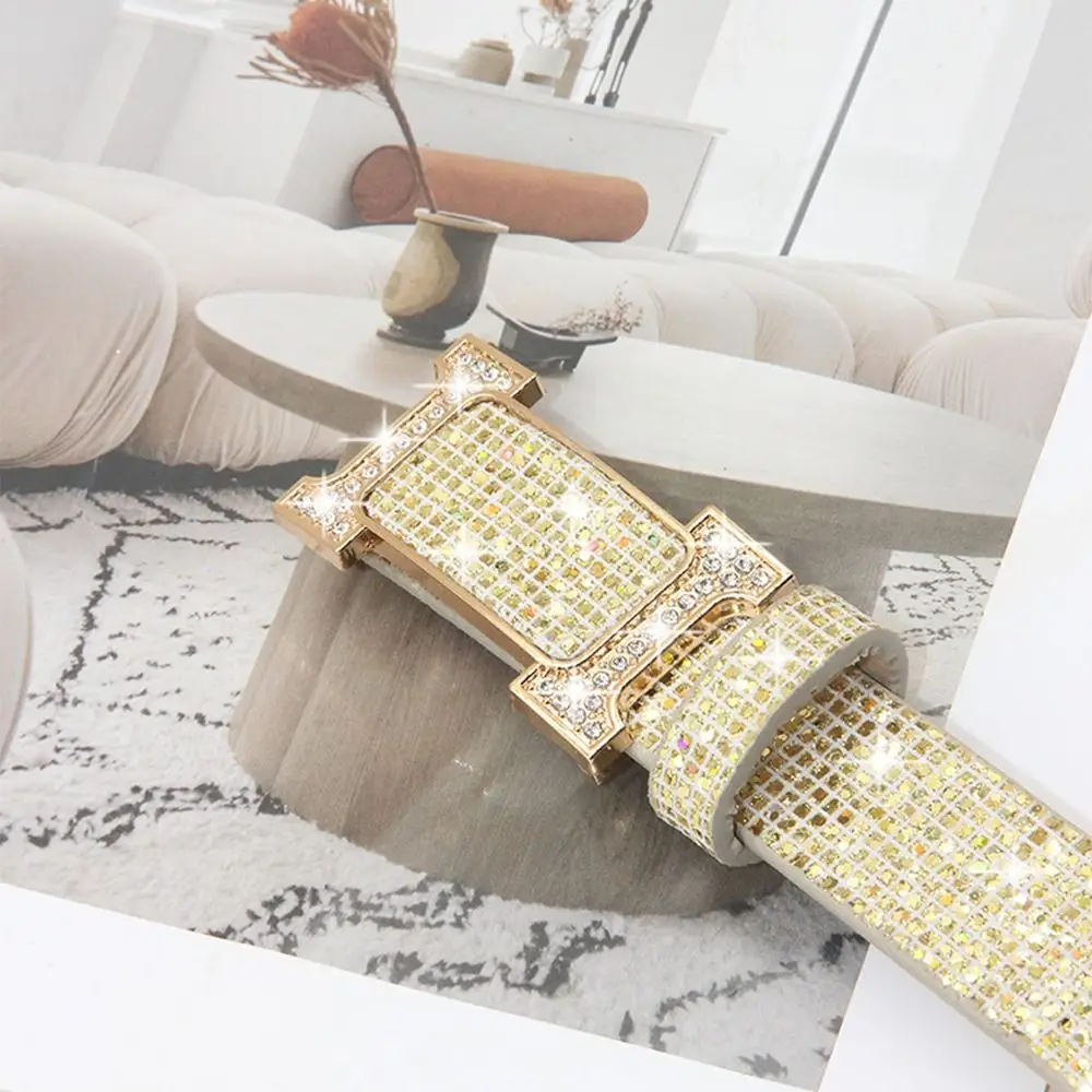 Fashion Bling Bling Sparkling Rhinestone Belt Versatile Glitter PU Leather Belt Luxury Brand Design Slide Buckle Belt Women