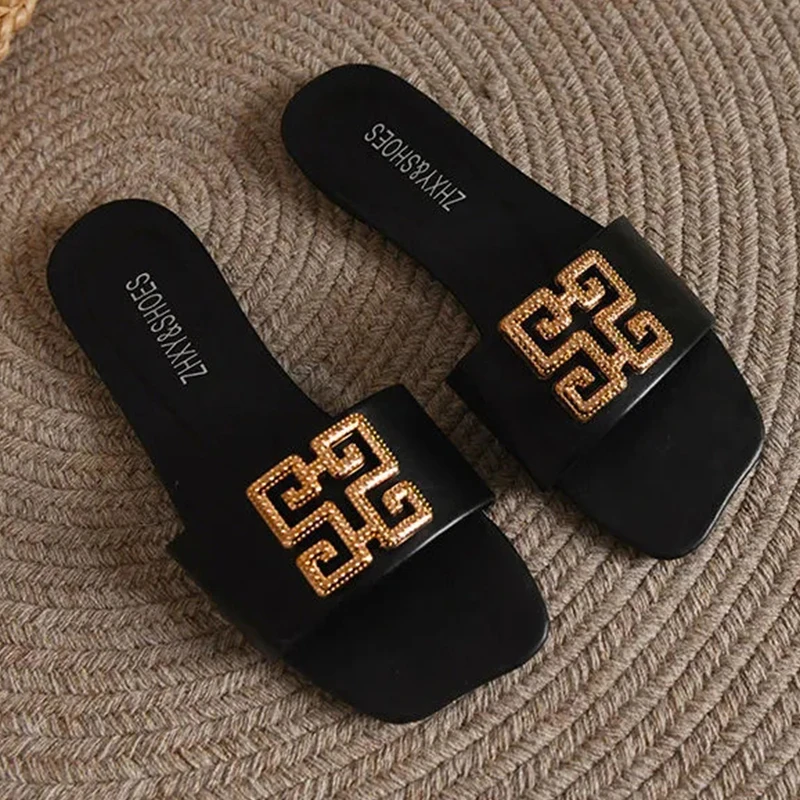 fashion buckle design Flat Casual Slides Women 2023 Summer New Outdoor Beach Sandals Leisure Solid Color slippers Woman Shoes