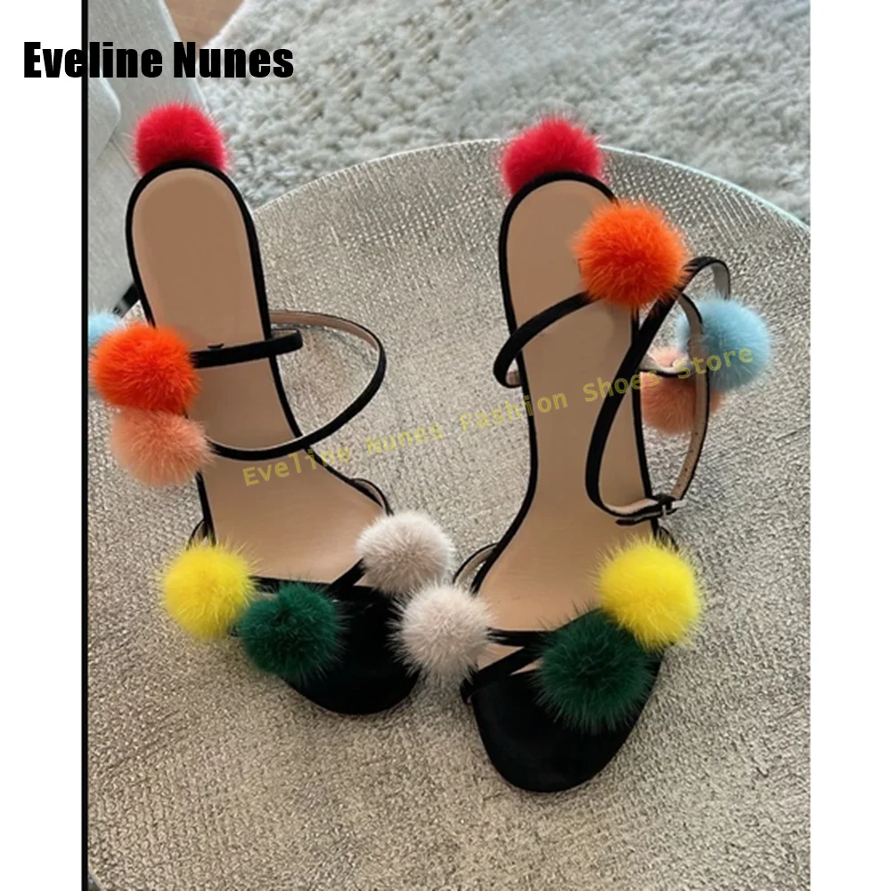 Suede Multicolor Pom Pom High Heel Sandals Women's Black Open Toe Stiletto Heel Ankle Strap Heels for Summer Beach Party 2026 view 2