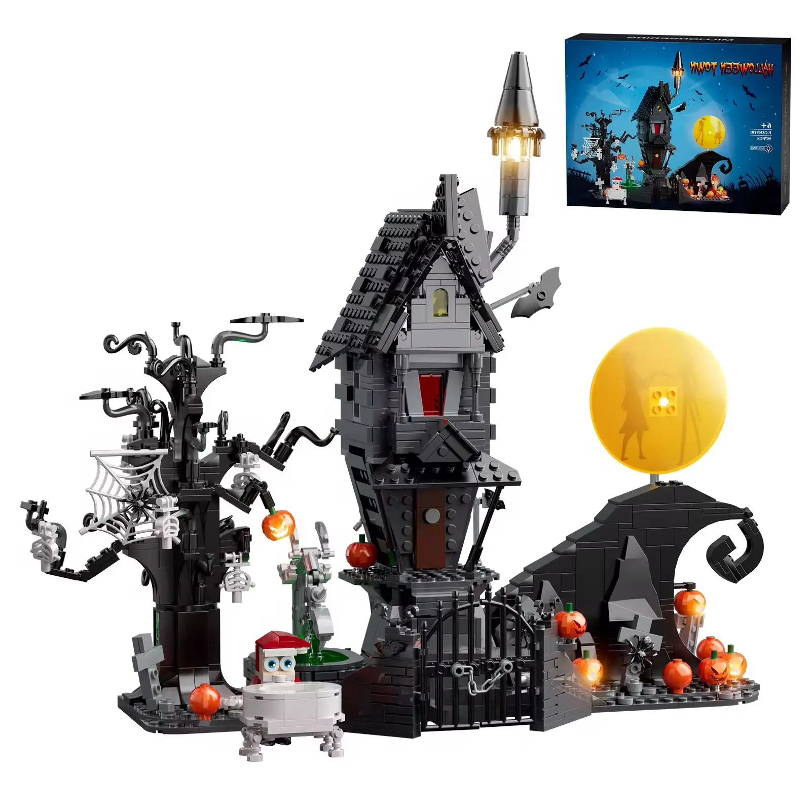 957 Stück Albtraum vor Weihnachten Haus Modell Kit Bausteine Kürbis Geist Skelett Hütte Ziegel Spielzeug Kinder Halloween Geschenke