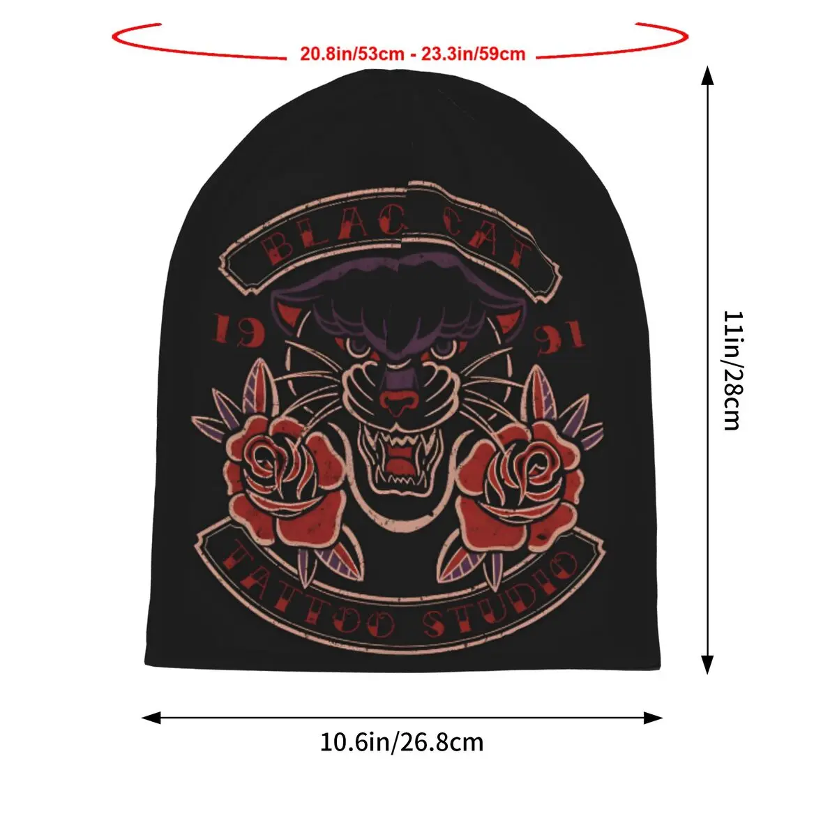 Black Cat Tattoo Studio, Black Panther & Roses Old School Tattoo Unisex Bonnet Thin Hip Hop Hats Double Layer Hat Caps