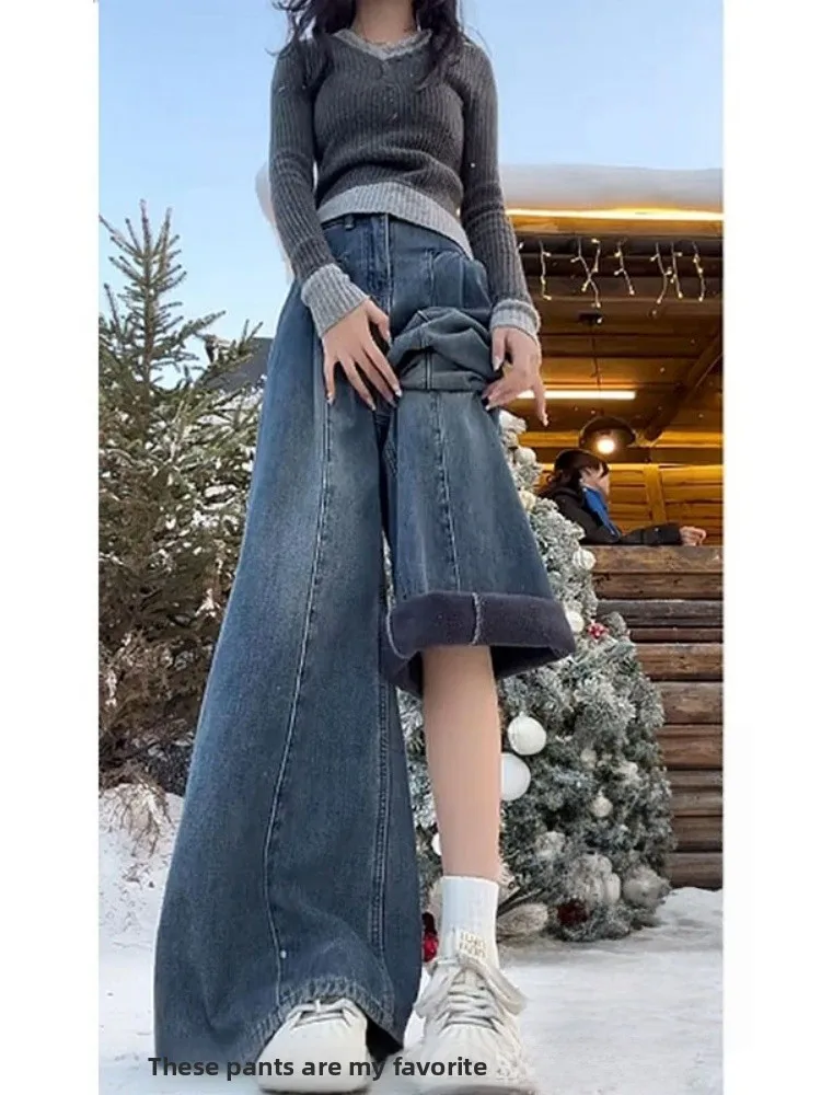 حجم كبير الأمريكية الرجعية Fce اصطف ثي الدنيم السراويل النساء الشتاء فضفاضة عالية الخصر ضئيلة مستقيم الساق واسعة الساق السراويل