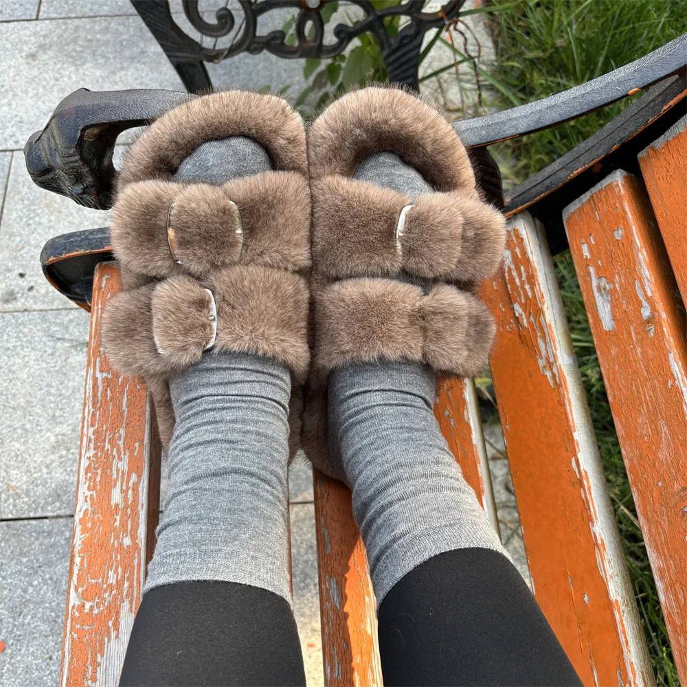 Woman Furry Ladies Fur Luxury Mink Fluffy Plush Slipper House Soft Fuzzy Platform Indoor Casual Winter Home Warm High Heels