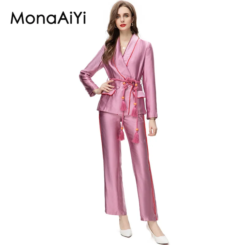 

MonaAiYi Runway High Street Fashion Suit Designer Women's Lapel Long Sleeve Chinese Rope Strap Silk Tops+Trousers 2pcs Set