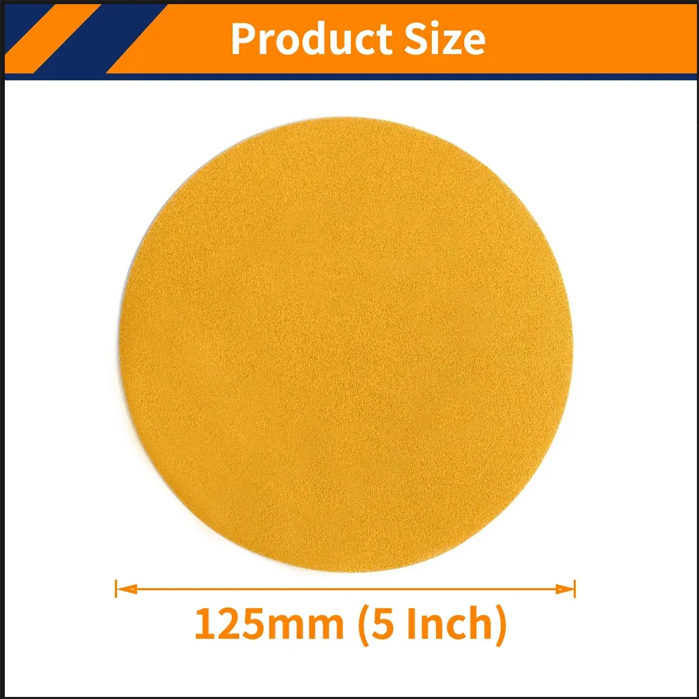 100PCS 5 Inch Sanding Discs Hook and Loop,40-800 Grit 125mm No Hole Gold Sanding Discs Sandpaper for Automotive and Woodworking.