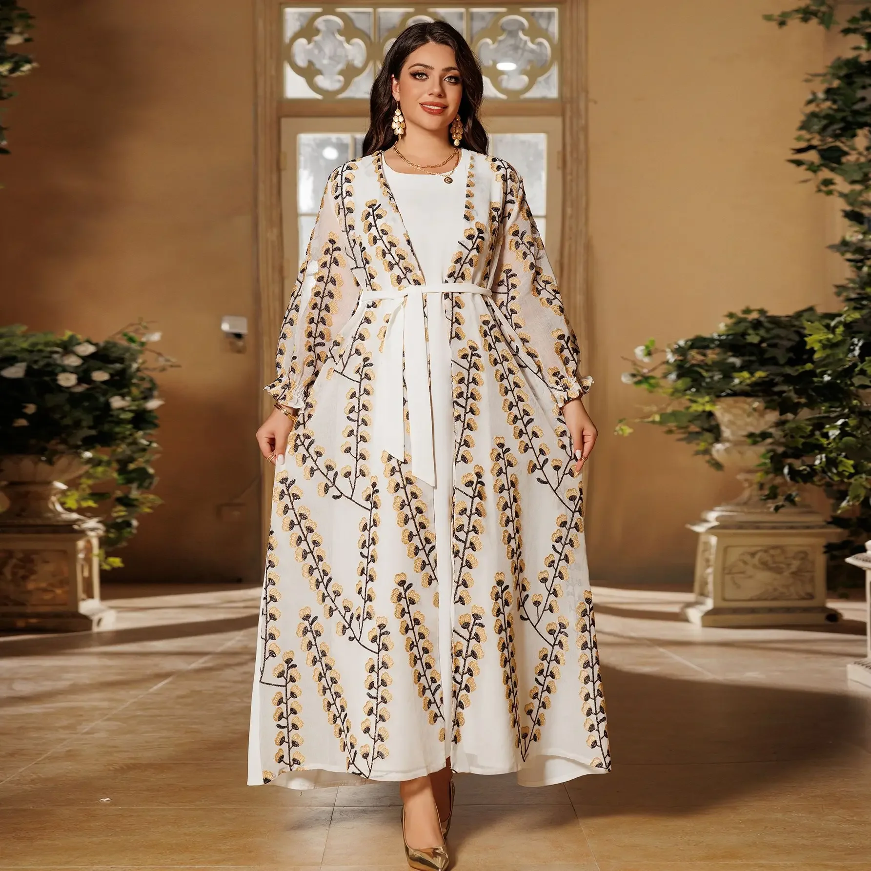 Vest Set Jurk Dubai Elegante Lange Jurk Moslimvrouwen Manchet Verzameld Abaya Gewaad Dameskleding