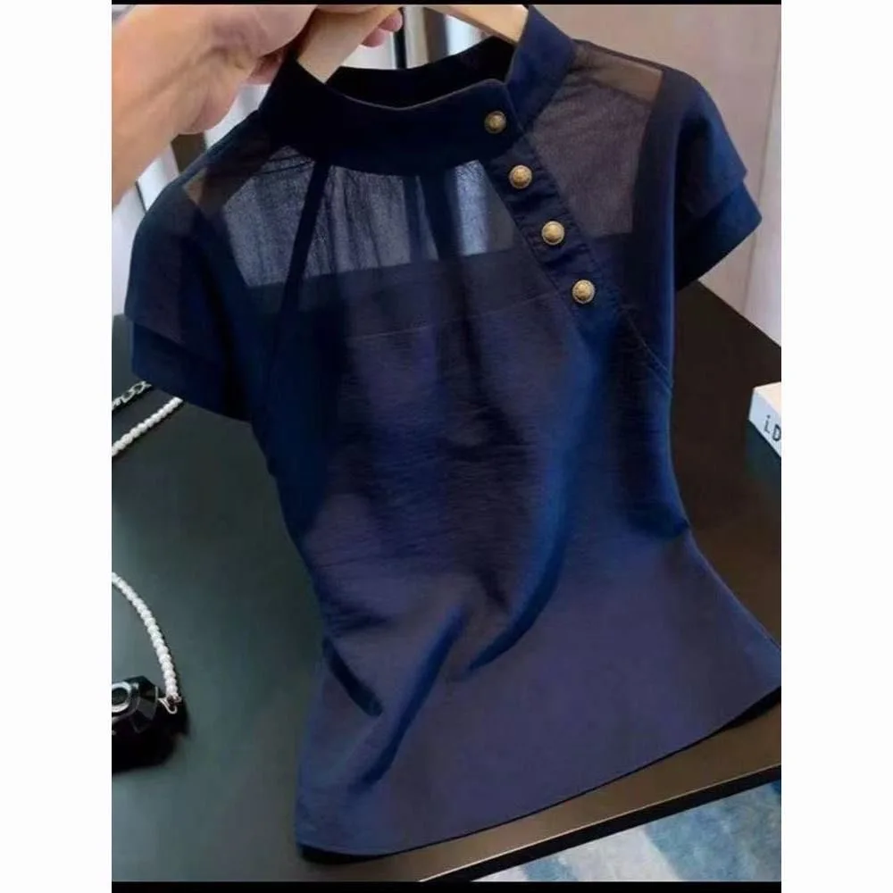 Unique Beautiful Spliced T-Shirt Women's Fashion Summer 2026 New Style Polyester Fiber Short Sleeve Stand Collar  Color