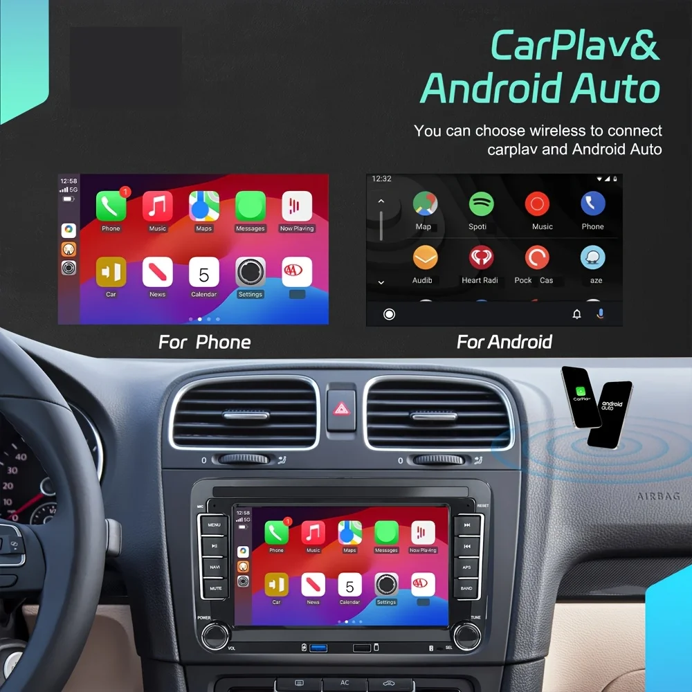 مشغل راديو ستيريو للسيارة 17.78 سنتيمتر 2DIN HeadunitWireless Carrplay Androidauto الوسائط المتعددة مشغل MP5 لسيارة Volkswagen Seat Skoda Golf
