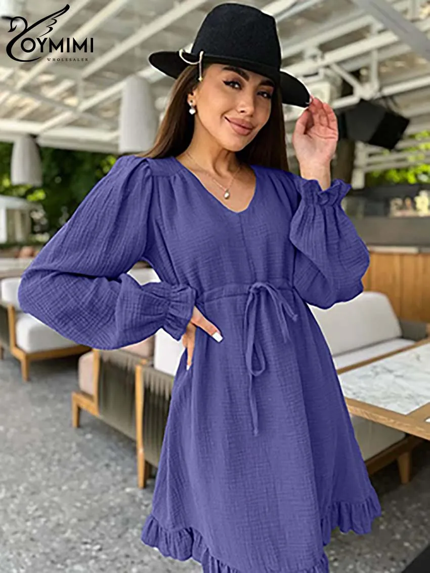 

Oymimi Elegant Dark Blue Cotton Dresses 2024 Women Casual V-Neck Long Sleeve Lace-Up Dresses Fashion High Waist Ruffled Mini Dre