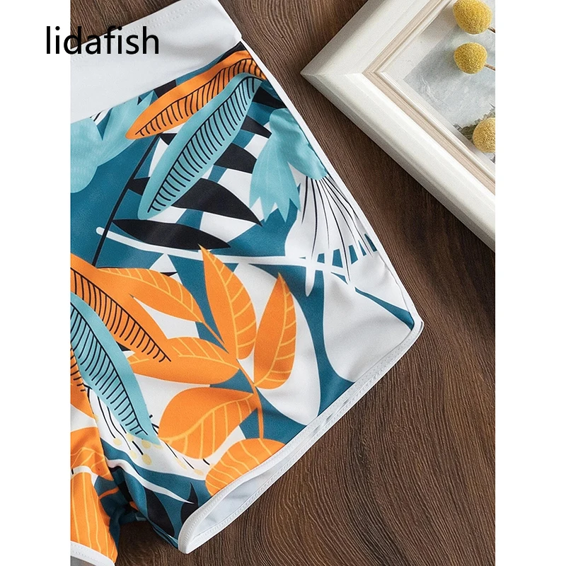 lidafish Boxer Pants Bikinis Set Leaves Print Swimwear Women Two Pieces Swimsuit Biquini Summer Bathing Suit