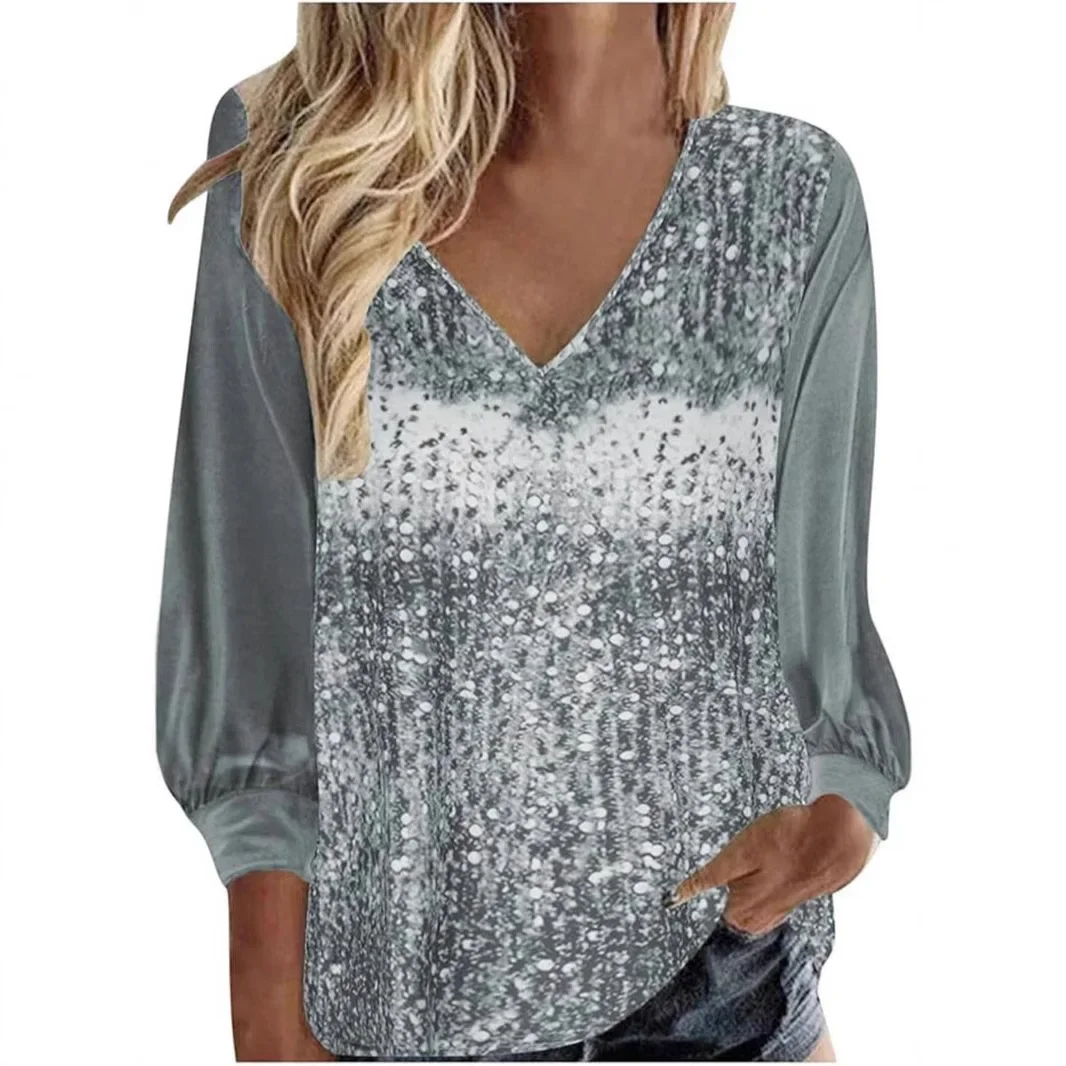 Moroder 2025 primavera/verão pulôver com decote em V com painéis de lantejoulas e mangas de sino da moda camiseta feminina