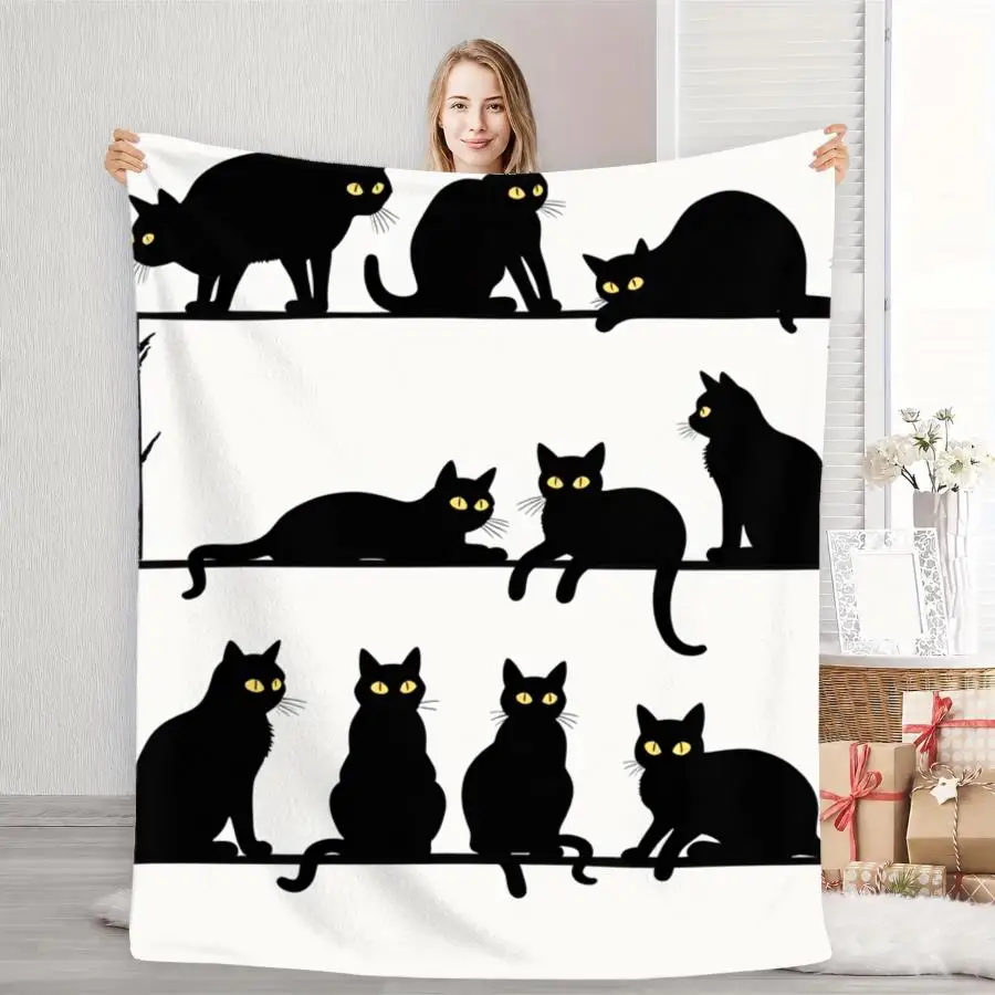 Multiple Black Cat Silhouette Yellow‑eyes Print Soft Flannel Throw Blanket Warm Cozy Light‑weight Blanket For Sofa Bed