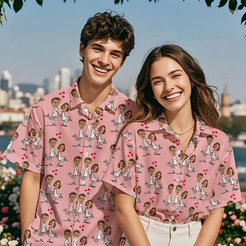

Couple Pattern Hawaiian Shirt For Men Customized Portrait Lover 3D Printed Short Sleeves Summer Street Blouse Beach Aloha Shirts