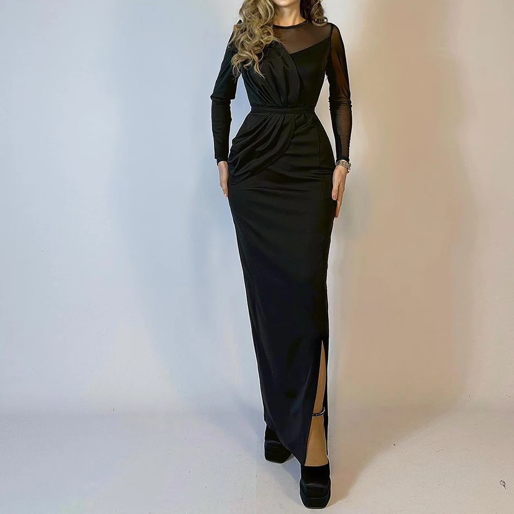 

Straight Side Slit Crew neck Satin Long Sleeves Photo Color Graceful and Formal Evening Dresses Tulle Pleats Saudi Arabia 2024