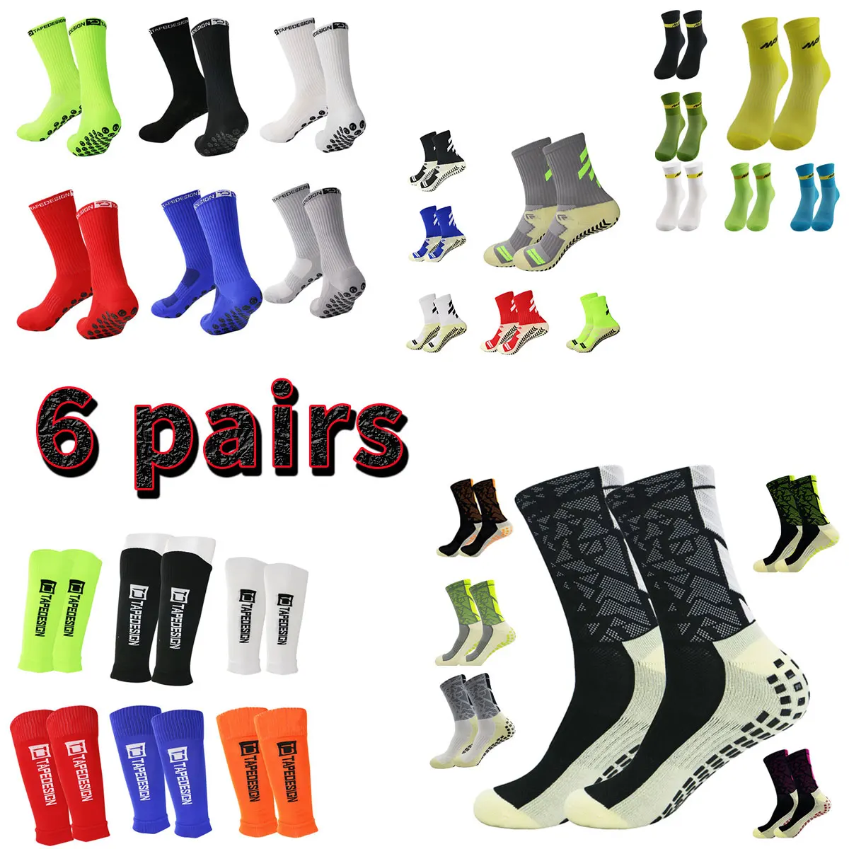 6 pairs of combination mixed football socks with anti slip tape adhesive, the favorite socks of athletes