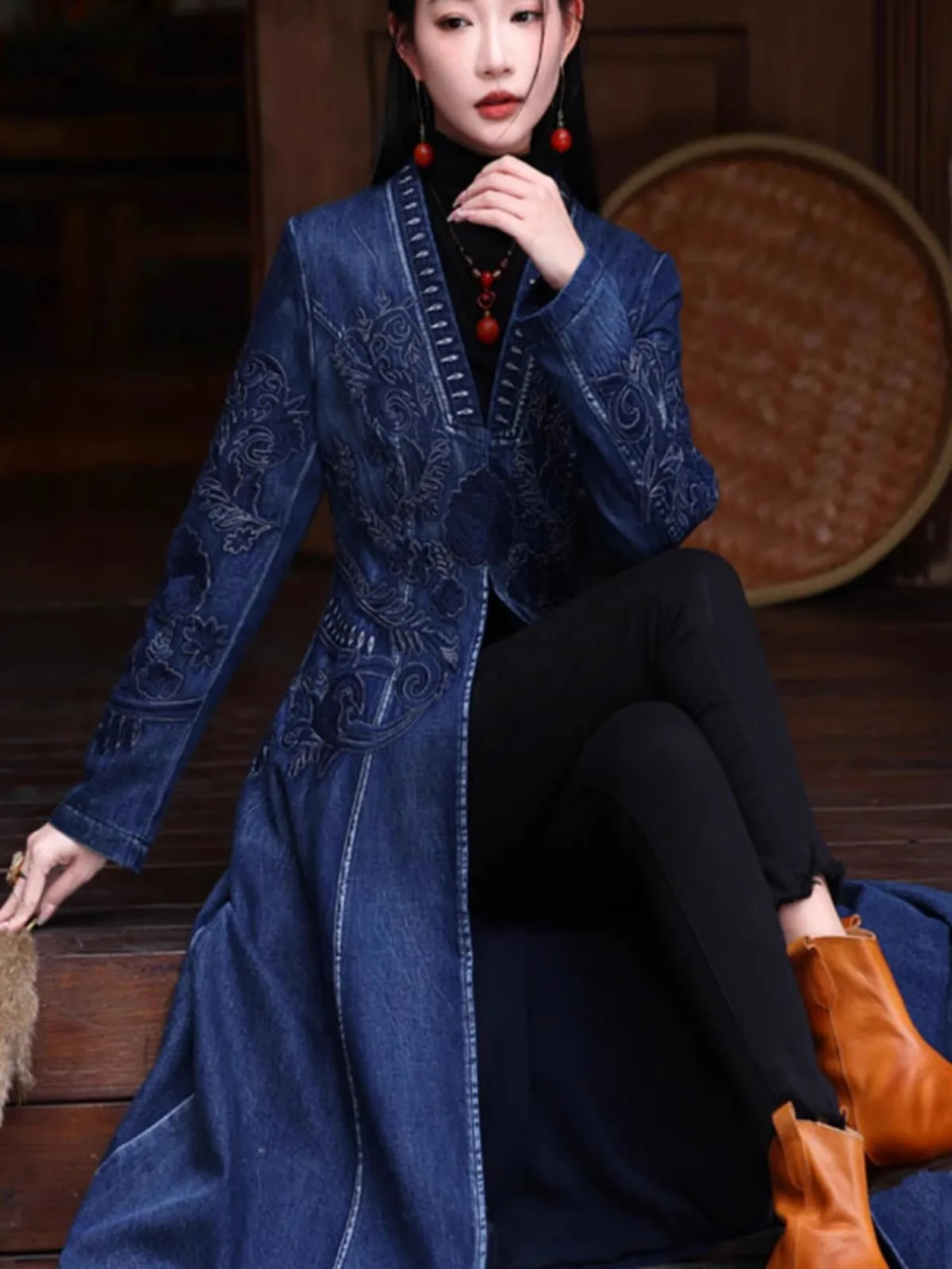 TIYIHAILEY خمر المرأة طويلة منتصف العجل الخريف الدنيم M-2XL النمط الصيني التطريز كم كامل فستان السيدات معطف