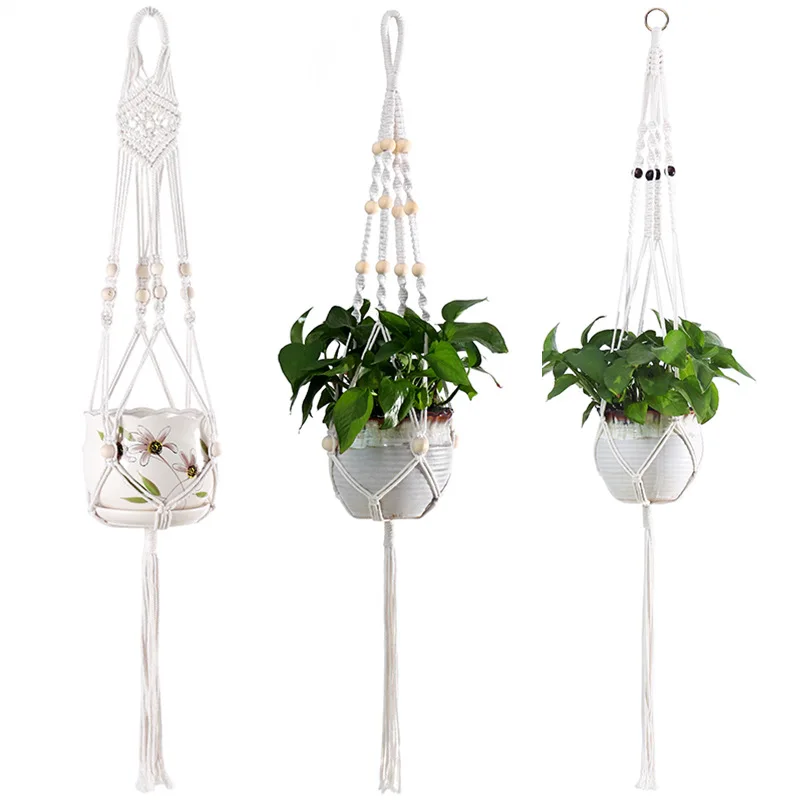 3 hand-woven tapestry flower basket Hanging mesh Houseplant Hanging mesh bib Bohemian hanging basket wall hanging decoration - h