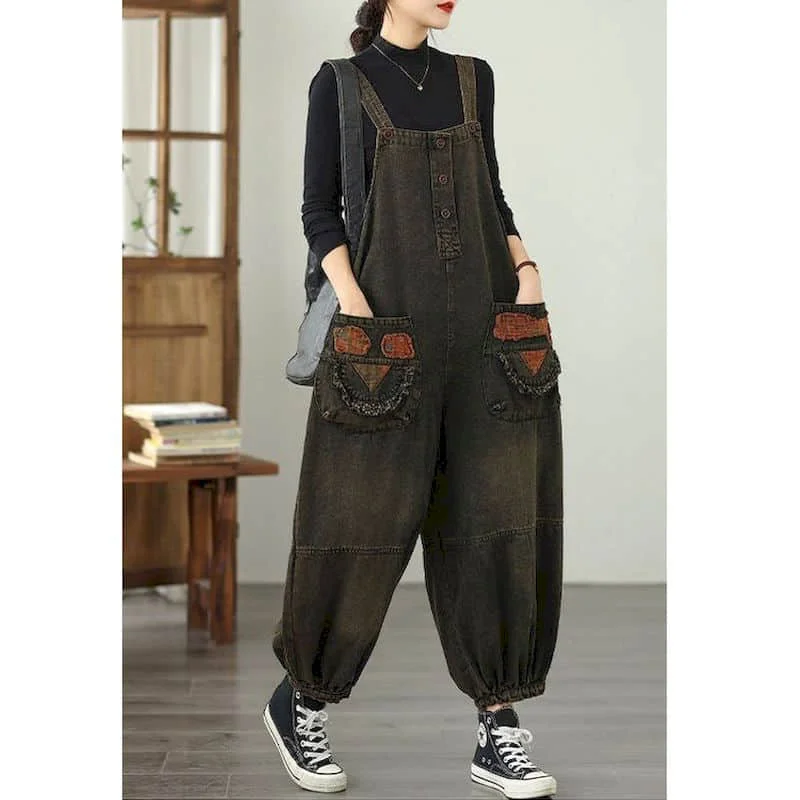 الدنيم حللا فضفاضة عادية سراويلي حريمي الكورية نمط الجينز خمر السروال القصير الفني قطعة واحدة وتتسابق الخريف النساء الملابس