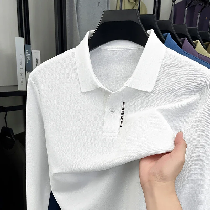 

High End Luxury Men's Polo Shirt Lapel Long Sleeve T-Shirt Autumn New Solid Color Embroid Fashion Business Casual Menswear Top